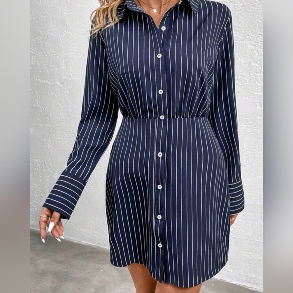 Navy and White Striped Button-Up Shirt Dress